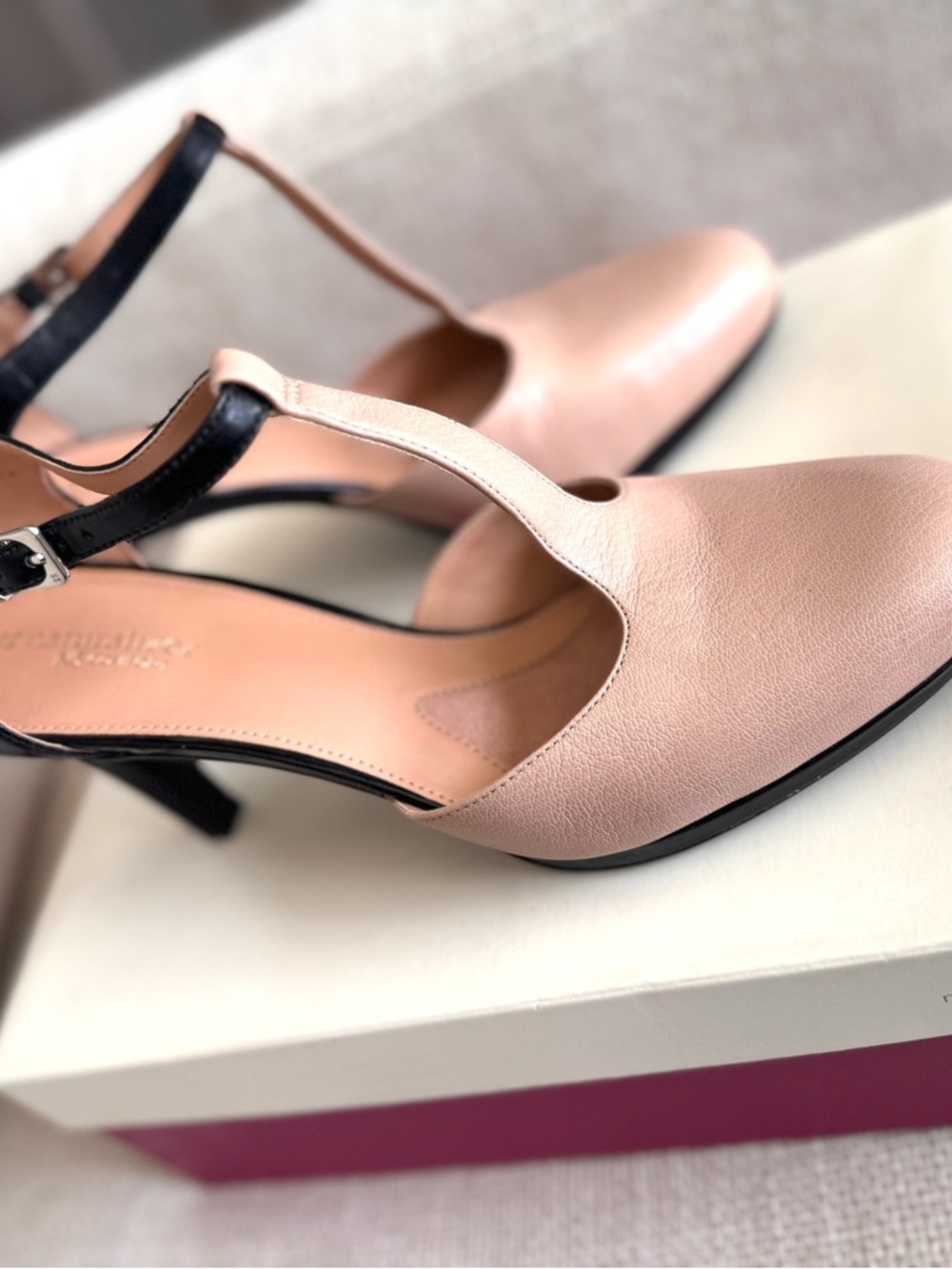 Naturalizer Blush Pink and Black T‑Strap Mid Heel Pumps